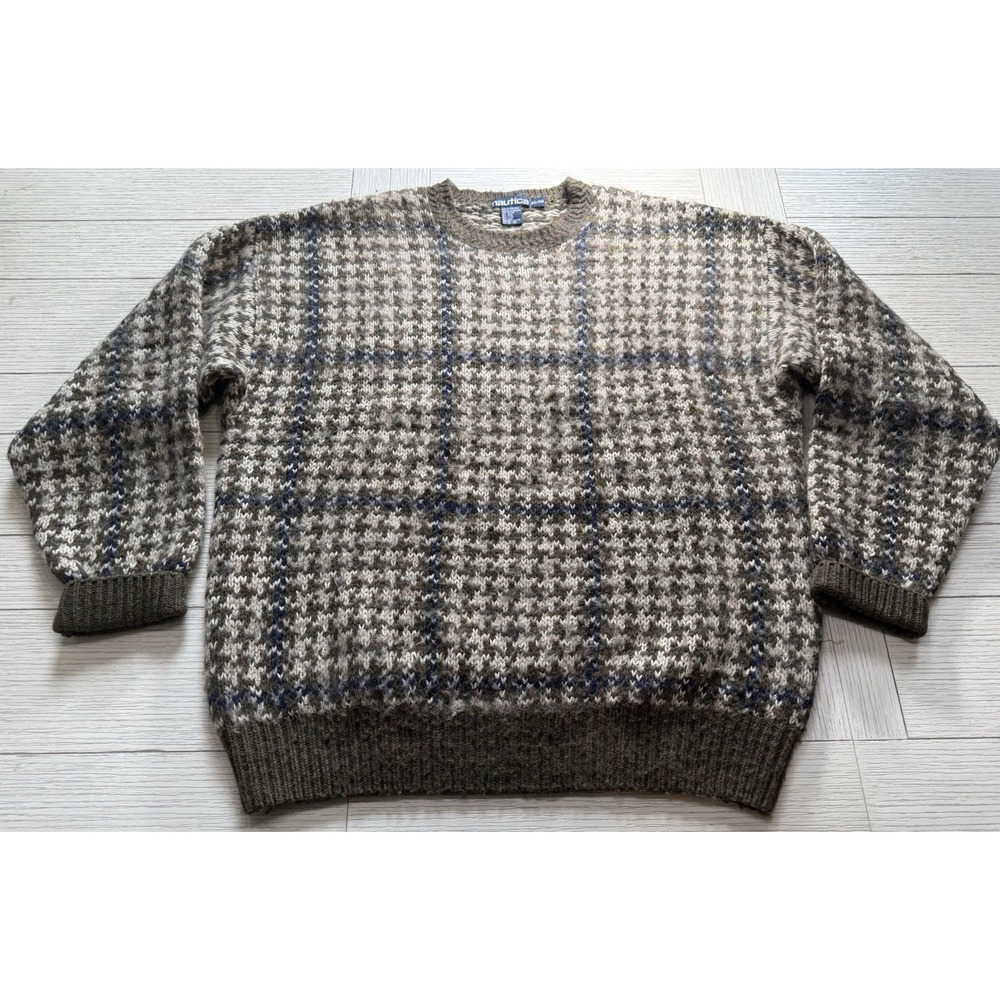 Nautica 80s 90s VTG Wool Blend Crew Neck Chunky Plaid Sweater Men Unisex XL